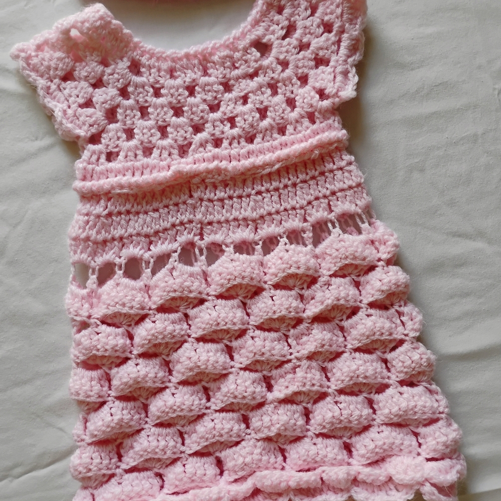Handmade  Crochet Baby Girl Pink Dress and Hat Set ( Newborn to 3 Months)